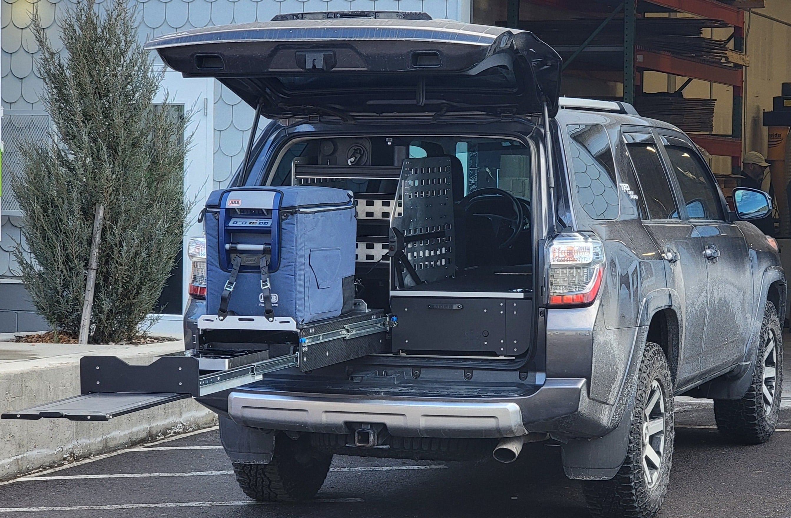Toyota 4Runner Kitchen, Fridge Slide , work surface, storage drawers and sleeping platform . Organization for overland adventure.
